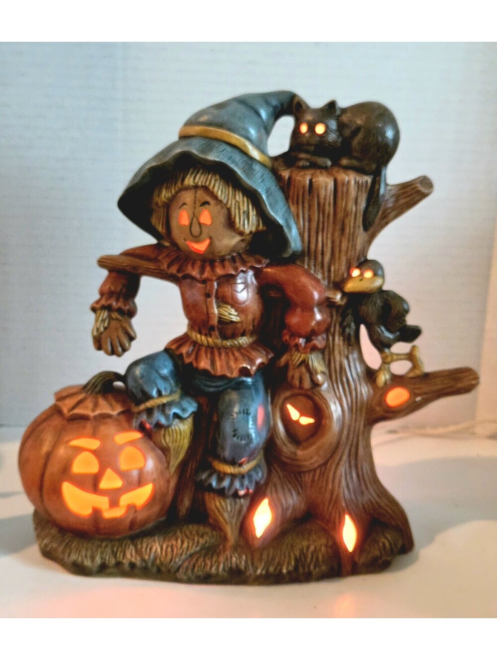 Vtg HALLOWEEN Light CERAMIC NIGHT LAMP Cramer 1982 Cute Pumpkin Scarecrow Cat